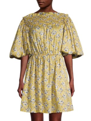 Мини-платье со сборками и объемными рукавами, желтый Rebecca Taylor