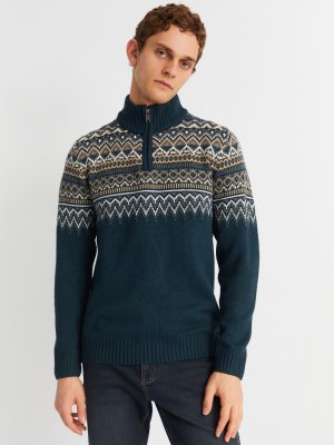 Вязаный шерстяной свитер с воротником на молнии и скандинавским узором zolla. Цвет: темно-бирюзовый