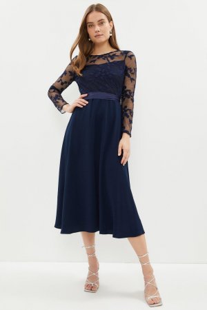 Платье-юбка из крепа с длинными рукавами и вышивкой , темно-синий Coast