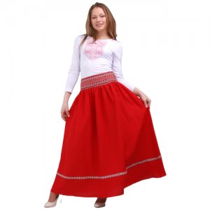 Юбка длинная женская красная летняя макси для танцев в пол пышная льняная Алая Заря, 42 размер Славянские Узоры. Цвет: черный/белый/красный