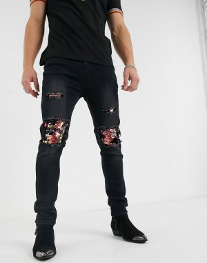 Черные джинсы скинни с рваной отделкой и пайетками -Черный One Above Another