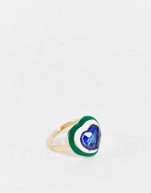 Кольцо с сердечком кристаллом и эмалью зеленого цвета -Зеленый цвет DesignB London