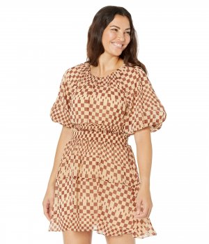 Платье MOON RIVER, Grid Print Bubble Sleeve Back Cutout Mini Dress River