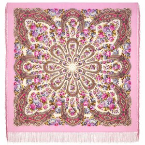 Платок ,146х146 см, розовый, бежевый Павловопосадская платочная мануфактура. Цвет: лиловый/розовый/коричневый