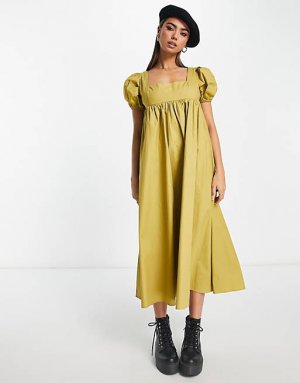 Гламурное свободное платье миди с квадратным вырезом и пышными рукавами оливкового цвета хаки Glamorous