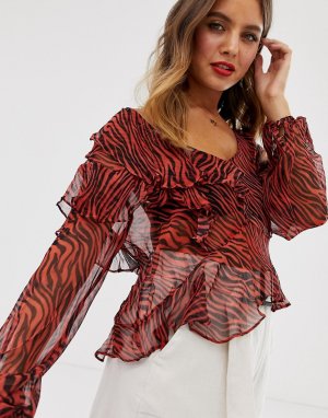 Блузка со звериным принтом и оборками Walk On By-Красный Stevie May