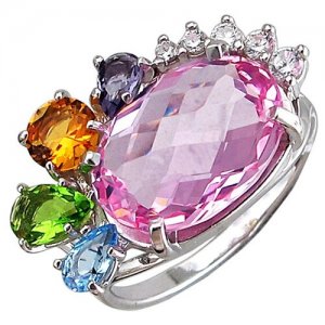 Кольца Серебряное кольцо с аметистом, кунцит, шт, топазом, фианитами, хризолитом, цитрином Инталия. Цвет: бесцветный/фиолетовый/зеленый/оранжевый/розовый