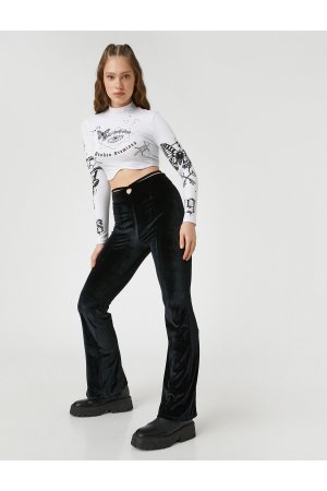 Расклешенные женские брюки с бархатным окном и детальной окантовкой , черный Koton