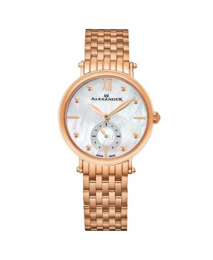 Женские часы Roxana, розовое золото, нержавеющая сталь, перламутровый циферблат, круглые 34 мм , золотой Alexander