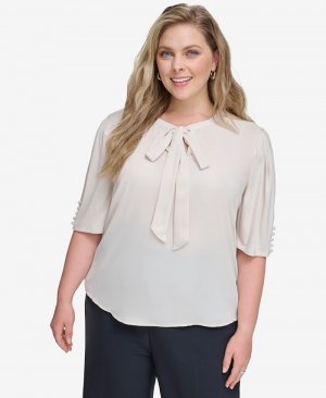 Блузка больших размеров с пуговицами и рукавами завязками на шее , коричневый/бежевый Calvin Klein