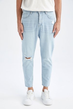Джинсовые брюки свободного кроя с нормальной талией, короткие рваные детали и детализированные , синий DeFacto