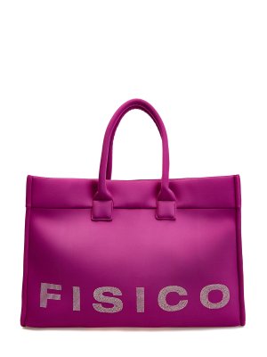 Мягкая сумка-шоппер с логотипом из мерцающих стразов FISICO. Цвет: фиолетовый