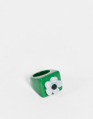 Зеленое кольцо из акрила с цветком -Зеленый цвет Vintage Supply