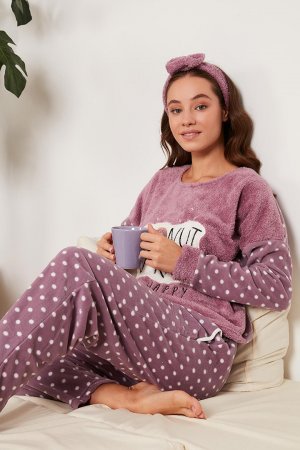 Плюшевый пижамный комплект в горошек с принтом и повязкой на голову 6094120 Lela, матовый сиреневый LELA