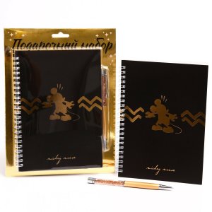 Подарочный набор: ежедневник а5, на гребне, 60 листов и ручка, микки маус Disney. Цвет: золотистый, черный