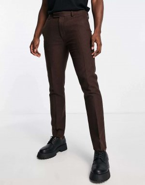 Коричневые костюмные брюки скинни из смесовой шерсти Topman. Цвет: коричневый