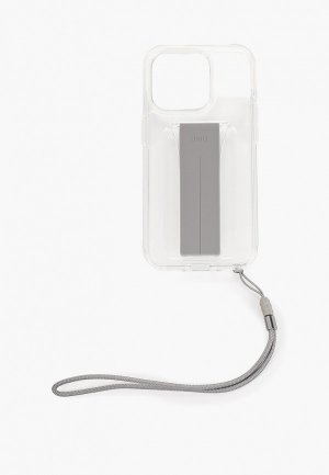 Чехол для iPhone Uniq 15 Pro, Heldro Mount с ремешком на руку, шнурком кисть, трансформируется в подставку. Цвет: прозрачный
