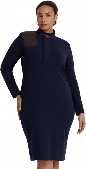 Платье больших размеров из эластичного хлопка с отделкой искусственной кожи LAUREN Ralph Lauren, цвет Navy