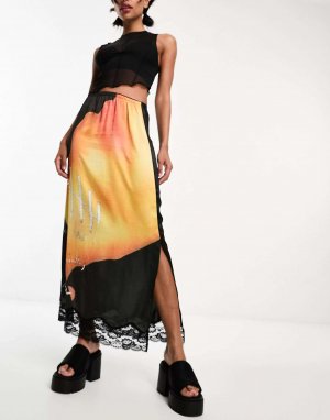 Атласная юбка-комбинация COLLUSION макси с кружевным подолом принтом