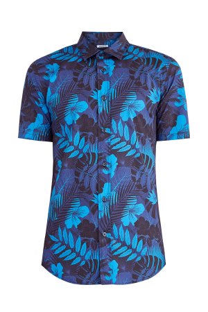 Рубашка с коротким рукавом и лиственным принтом из поплина stretch BIKKEMBERGS. Цвет: синий