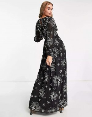 Платье макси с длинными рукавами и звездами Premium черного цвета - ЧЕРНЫЙ Miss Selfridge