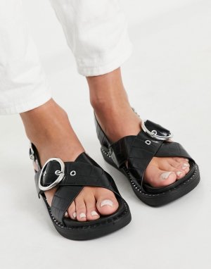 Черные сандалии с имитацией кожи крокодила на массивной подошве перекрестными ремешками -Черный цвет Glamorous