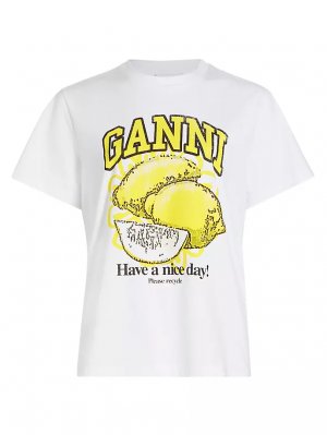 Хлопковая футболка с логотипом и рисунком лимона Ganni, белый GANNI