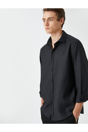 Базовая рубашка Классический воротник с манжетами Длинный рукав Приталенный крой Без железа , черный Koton