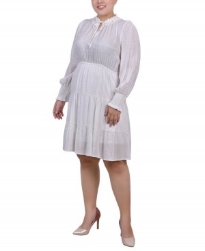Многоуровневое платье больших размеров с длинными рукавами и рюшами на шее, белый Ny Collection