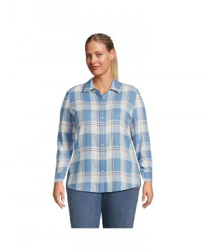 Женская фланелевая рубашка с длинным рукавом для бойфренда больших размеров Lands' End, цвет Ivory/muted blue plaid Lands' End