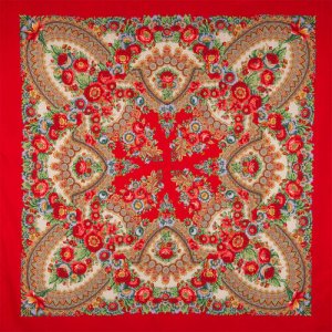 Платок ,148х148 см, красный, бежевый Павловопосадская платочная мануфактура. Цвет: красный
