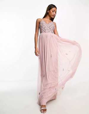 Платье макси 2 в 1 Bridesmaid с декорированным верхом и тюлевой юбкой матово-розового цвета Beauut