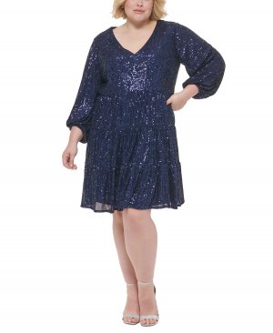 Платье больших размеров с длинными рукавами и пайетками , синий Eliza J