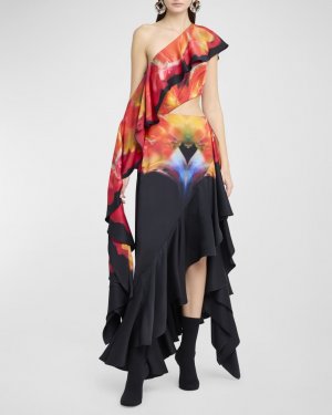 Асимметричное вечернее платье на одно плечо с рюшами Alexander McQueen