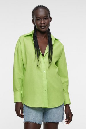 Блузка-рубашка oversize льняная классического кроя befree. Цвет: зеленый