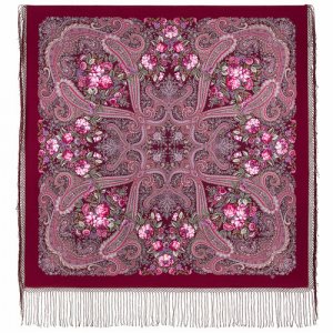Платок ,148х148 см, бордовый, розовый Павловопосадская платочная мануфактура. Цвет: розовый/бордовый
