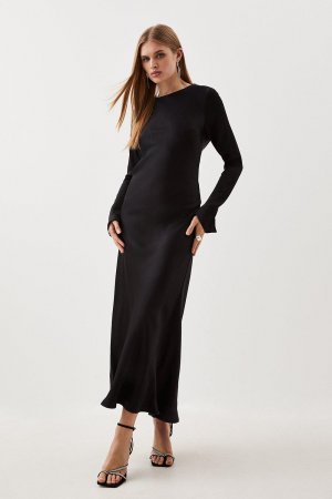 Платье макси с длинными рукавами из вискозного атласа , черный Karen Millen