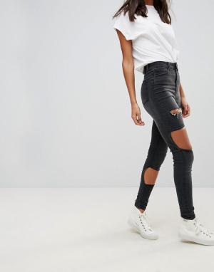 Состаренные джинсы скинни с завышенной талией Anika-Черный Waven