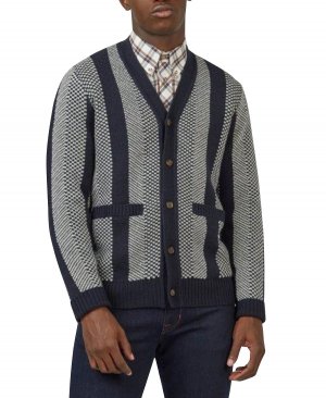 Мужской жаккардовый свитер в полоску с v-образным вырезом и пуговицами спереди , темно-синий Ben Sherman