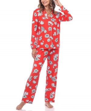 Женский пижамный комплект с длинными рукавами и цветочным принтом, 2 предмета , красный White Mark