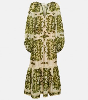 Ярусное шелковое платье миди Raie с принтом ZIMMERMANN, зеленый Zimmermann