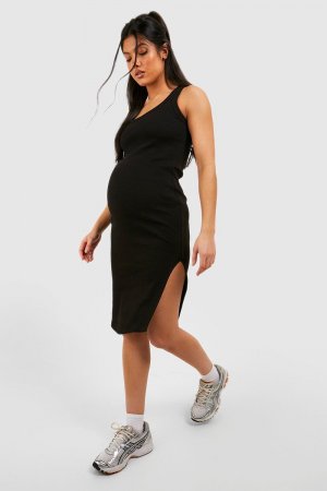 Платье миди премиум-класса в рубчик с разрезом для беременных boohoo, черный Boohoo