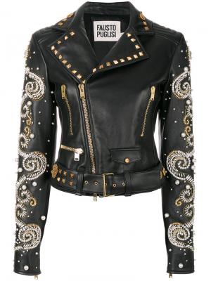 Байкерская куртка с отделкой кристаллами Swarovski Fausto Puglisi. Цвет: чёрный