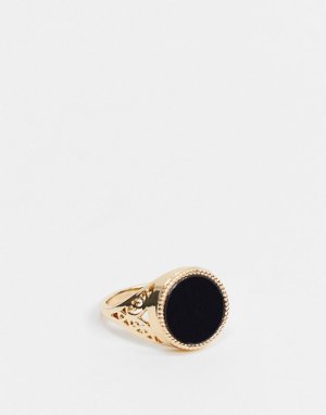 Золотистое кольцо-печатка с черным камнем -Золотой Chained & Able