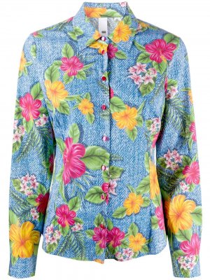 Джинсовая рубашка с цветочным принтом и длинными рукавами Ultràchic. Цвет: синий