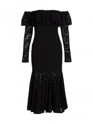 Кружевное платье миди с открытыми плечами Alessia , черный CAROLINE CONSTAS