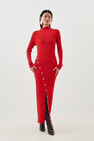 Трикотажное платье мидакси с разрезами и попперами из вискозы , красный Karen Millen