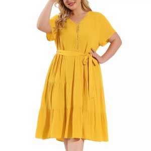 Женское летнее платье миди больших размеров с v-образным вырезом и завязками на талии для выпускного вечера , желтый Agnes Orinda