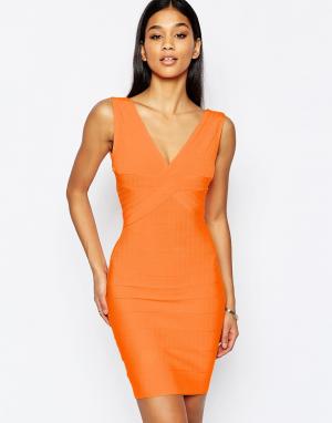 Бандажное платье миди с глубоким декольте WOW Couture. Цвет: оранжевый