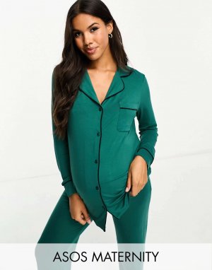 Зеленая пижама из вискозной рубашки с длинными рукавами и брюками контрастной окантовкой ASOS DESIGN Maternity